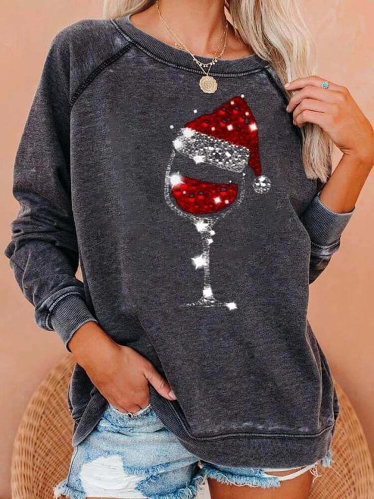 Dames Kerst Print O-hals Raglanmouwen Losse Pullover Sweatshirts