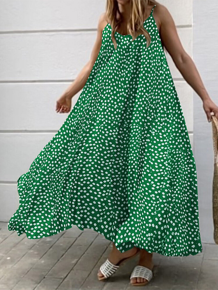 Ditsy Floral Print Adjustable Strap Loose Swing Maxi Dress