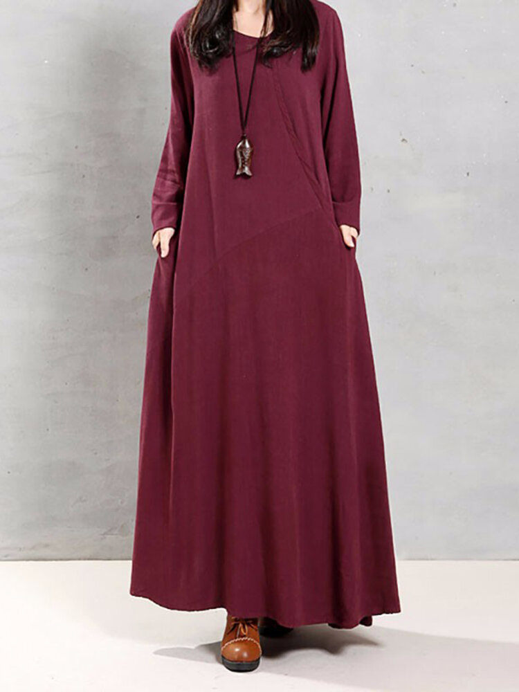 Vintage dames katoenen O-hals effen kleur onregelmatige zoom maxi-jurk