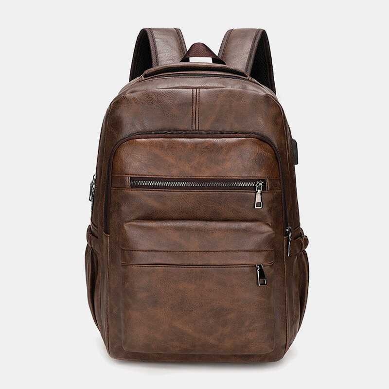 Ekphero Men PU Leather Large Capacity Multi-pocket Backpack Multifunction Shoulder Bag