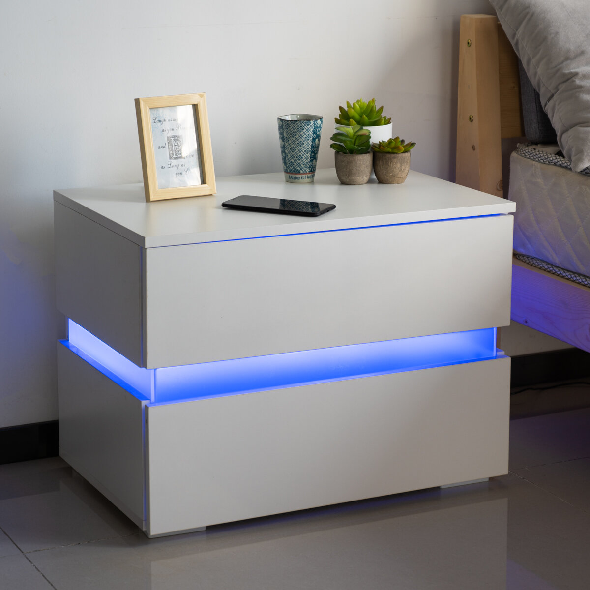

Woodyhome 60*39*45cm High Gloss LED Light Nightstands w/2 Drawers Modern Bedside File Cabinet Holder Chest Table for Hom