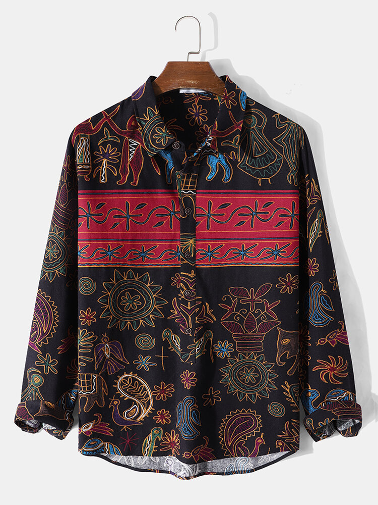 Mens 100%Cotton Paisley Abstract Plants Vintage Long Sleeve Buttons Shirts
