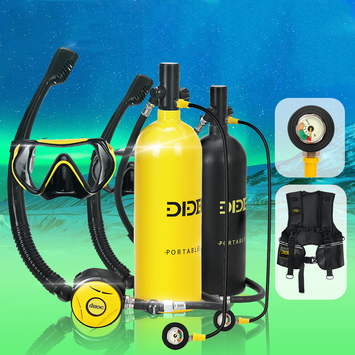 DIDEEP X5000 Plus 2L Scuba Diving Tank Snorkeling Air Oxygen Cylinder Underwater Equipment with Vest Bag Glasses Long Pr