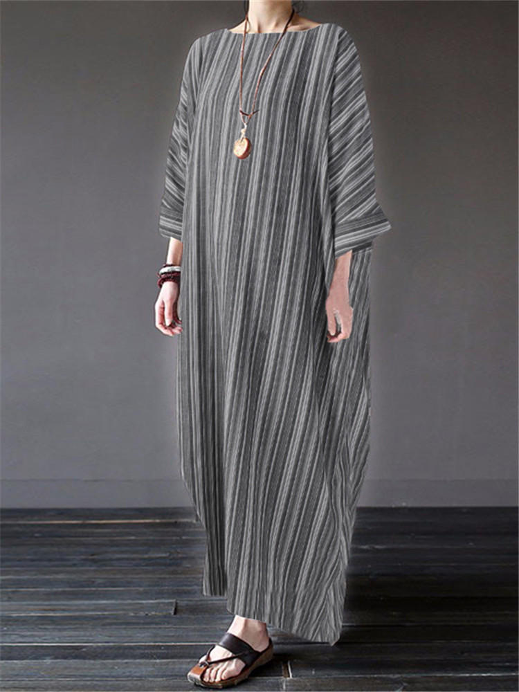 s-5xl vintage women cotton loose striped long sleeve dress at Banggood