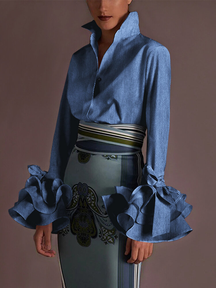 Dames pagode mouw revers kraag knop effen kleur stijlvolle casual blouse