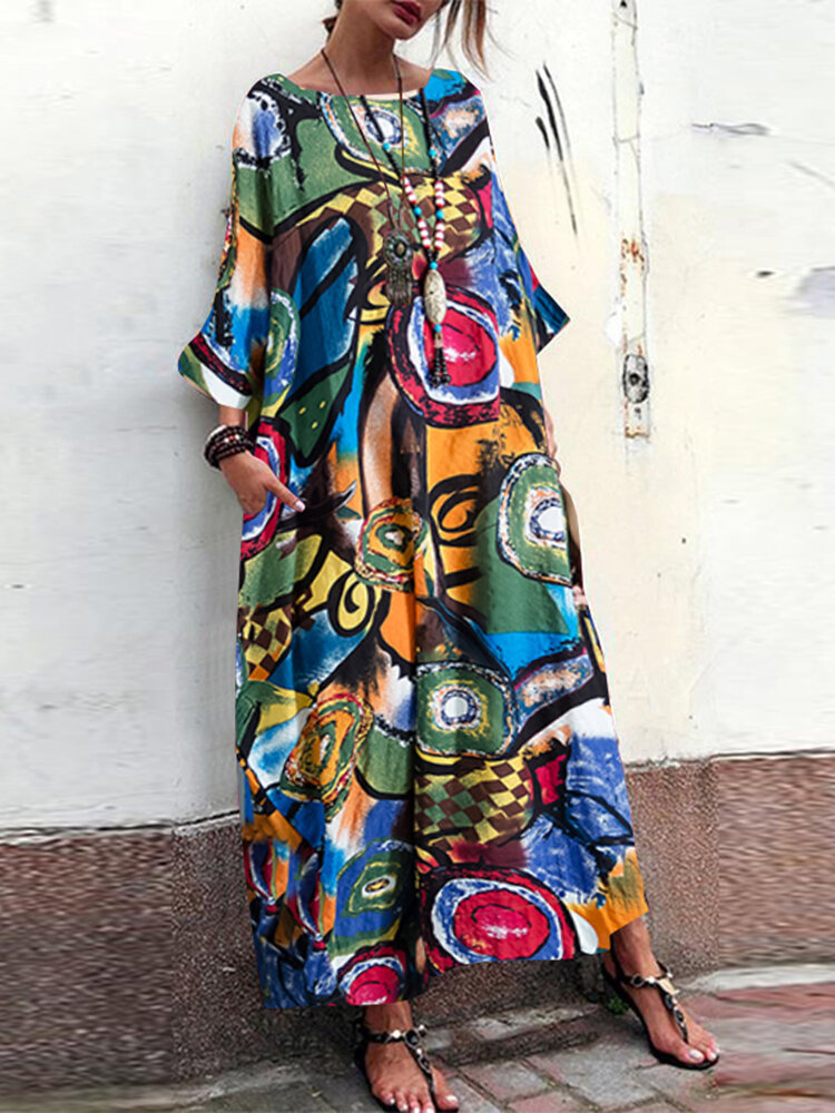 Women Bohemian Art Printed Batwing Sleeve Side Pockets Dress