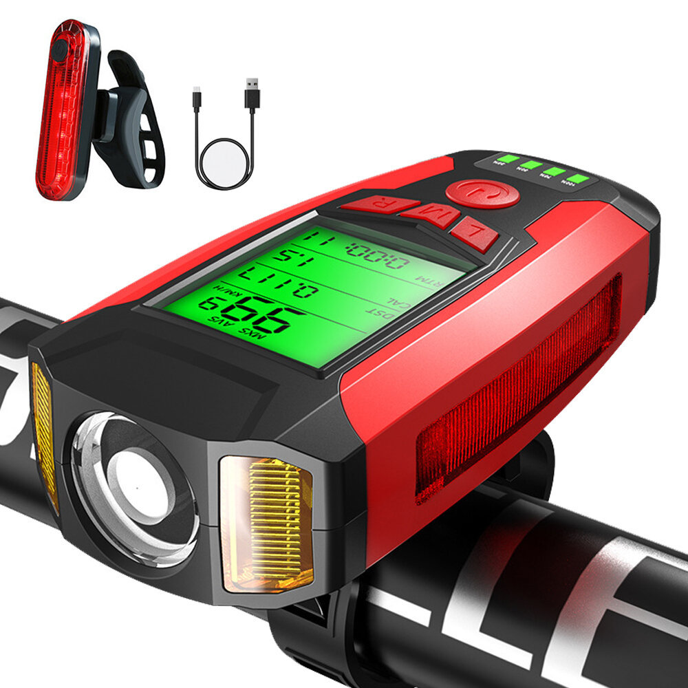 BIKIGHT Bike Light Set 3-in-1 350LM Headlight Speed Meter Horn with 4 Modes Taillight Bicycle Warnin