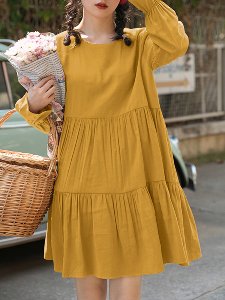 Women Cotton Solid Color Pleats O-neck Long Sleeve Casual Dress