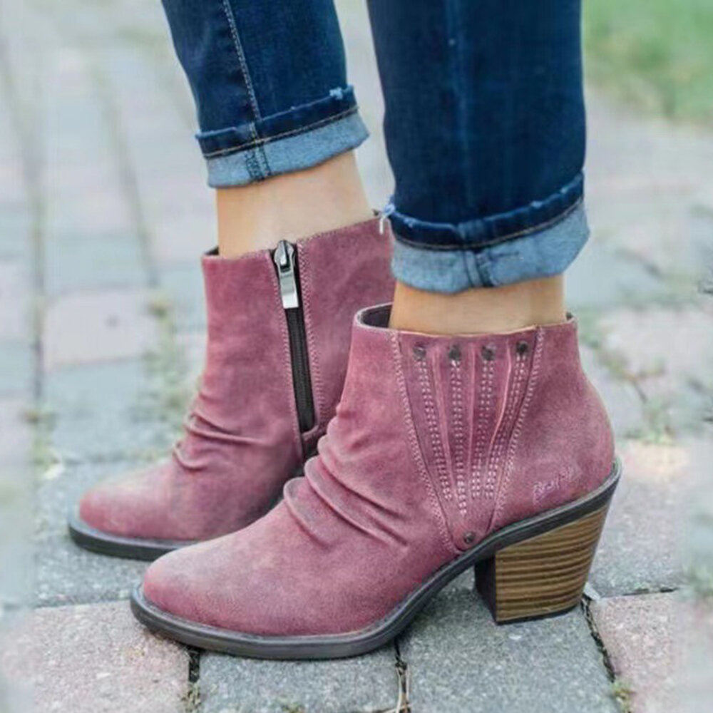 Large Size Women Casual Retro Side-zip Chunky Heel Boots