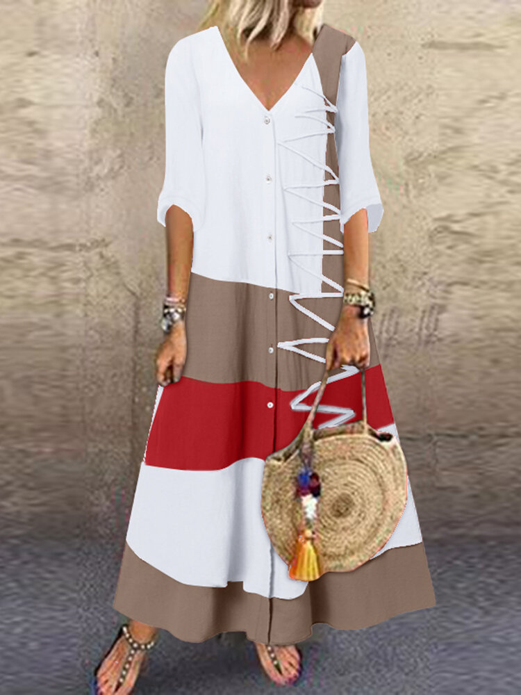 Veelkleurige patchwork maxi-jurk met V-hals en knopen