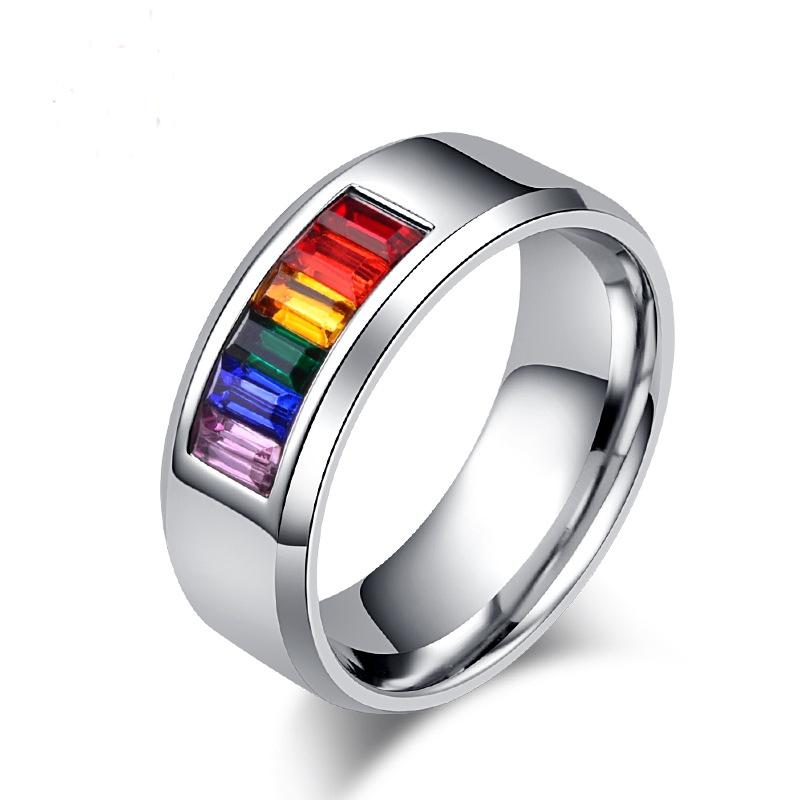 Trendy Stainless Steel Finger Ring Rainbow Rhinestone Ring Wholesale voor mannen