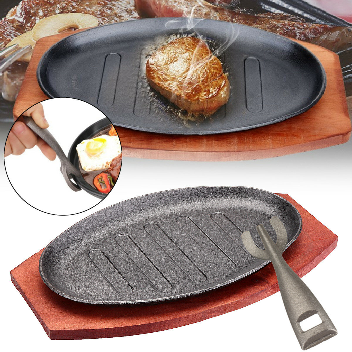 3 Tamaños de hierro fundido Filete Fajita Sizzling Platter Placa Parrilla de barbacoa Pan Cooking Wooden Holder
