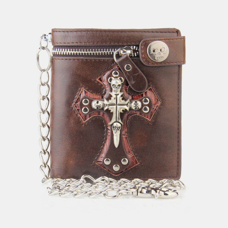 Men Genuine Leather RFID Solid Color Business Retro Personality Style Multi-slot Card Holder Wallet With Chain Cross