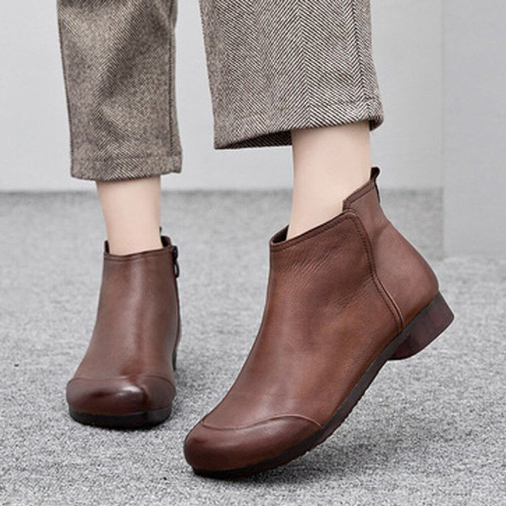 Plus Size Women Casual Solid Wide Fit Side Zipper Flat Ankle Boots