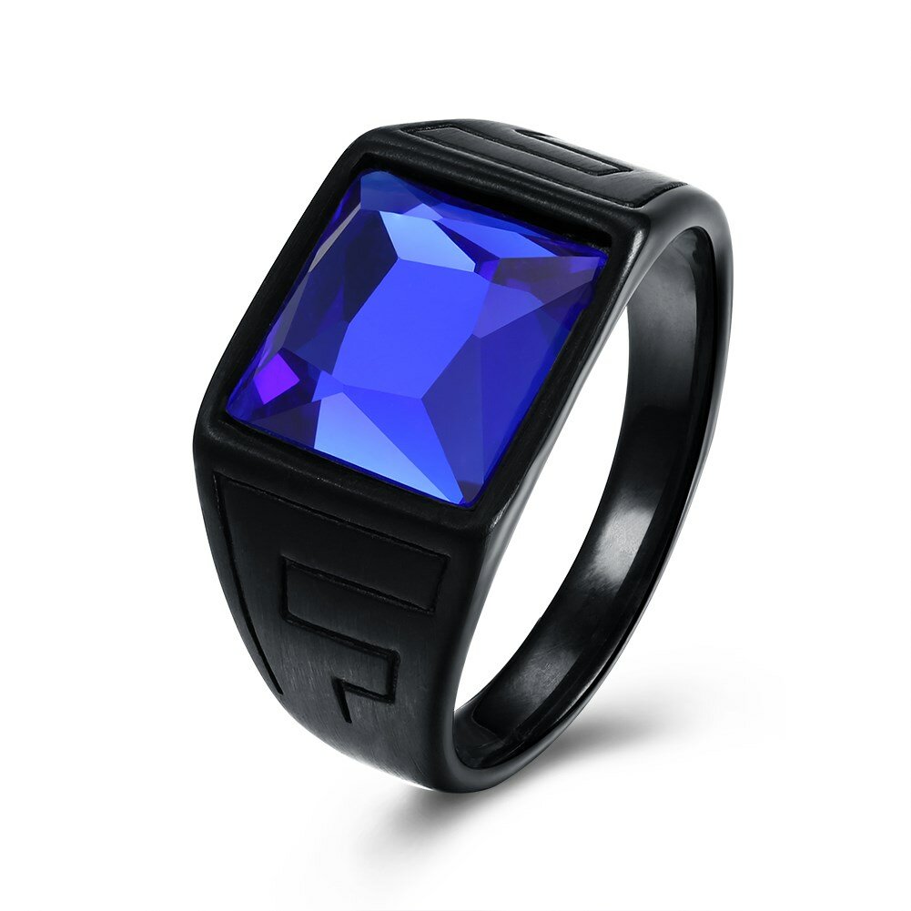 Fashion Titanium Staal Ring Blauw Glaspistool Zwart Verpakt Ring Groothandel voor Mannen