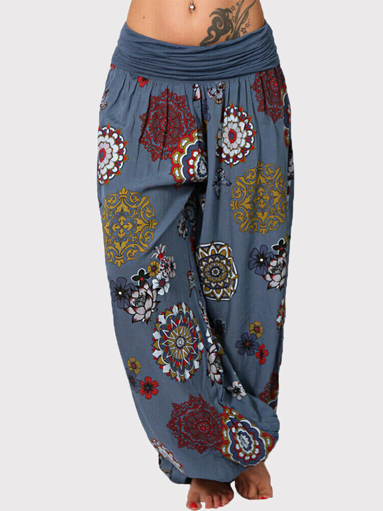 Vintage Floral Print Bloomers High Waist Sports Yoga Loose Pants