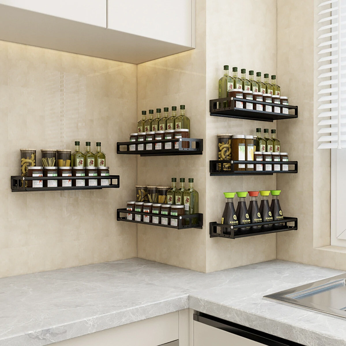 Punch-free modern nordic style kitchen organizer wall mount bracket storage rack spice jar rack cabinet shelf