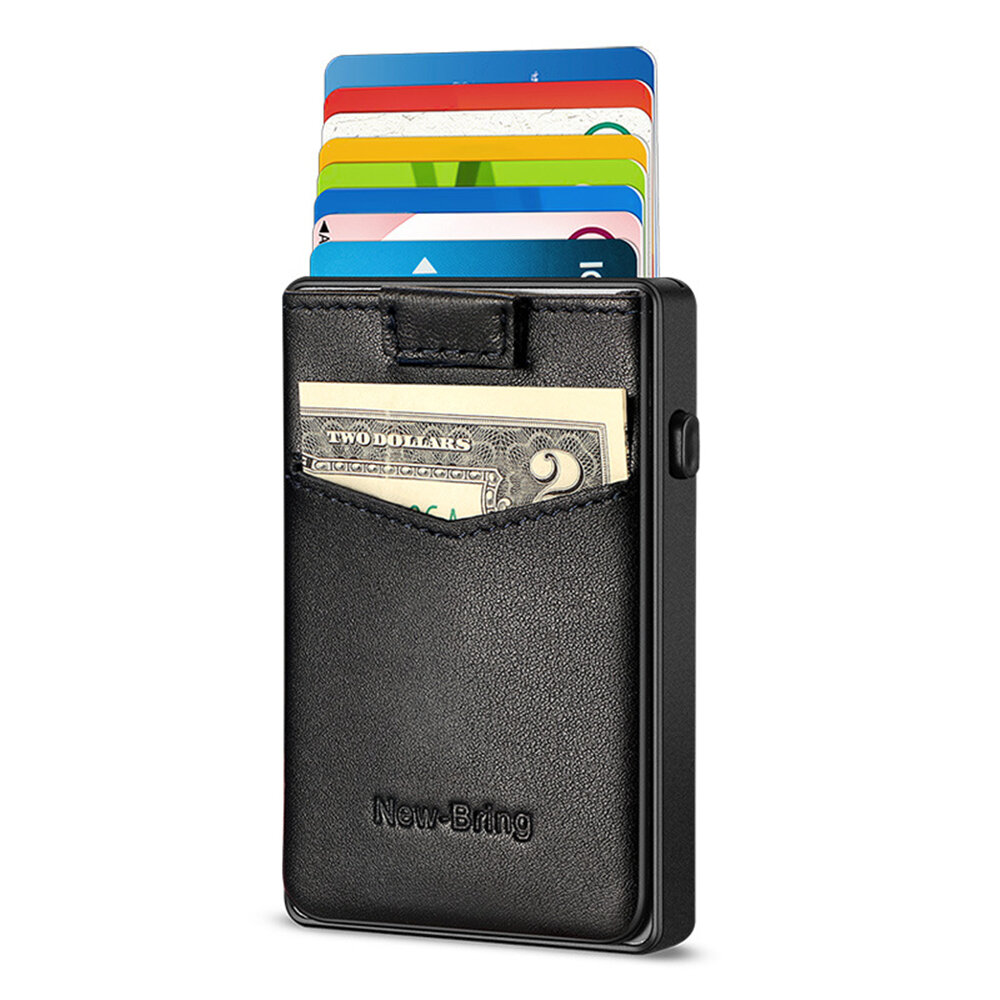 

New-Bring Metal Card Holder Aluminum Alloy+Leather Portable One Tap To Popup Design Card Holder RFID Blocking Card Cash