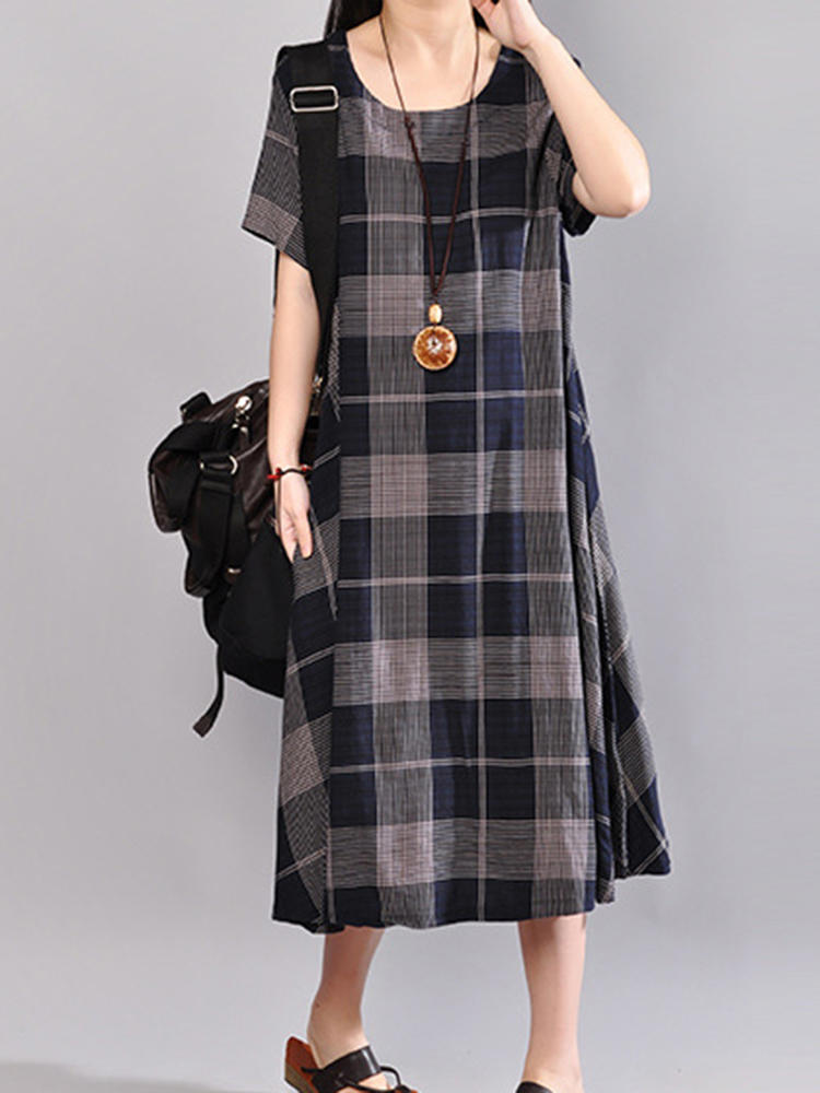 Women short sleeve o-neck plaid mid-long dress Sale - Banggood.com sold ...