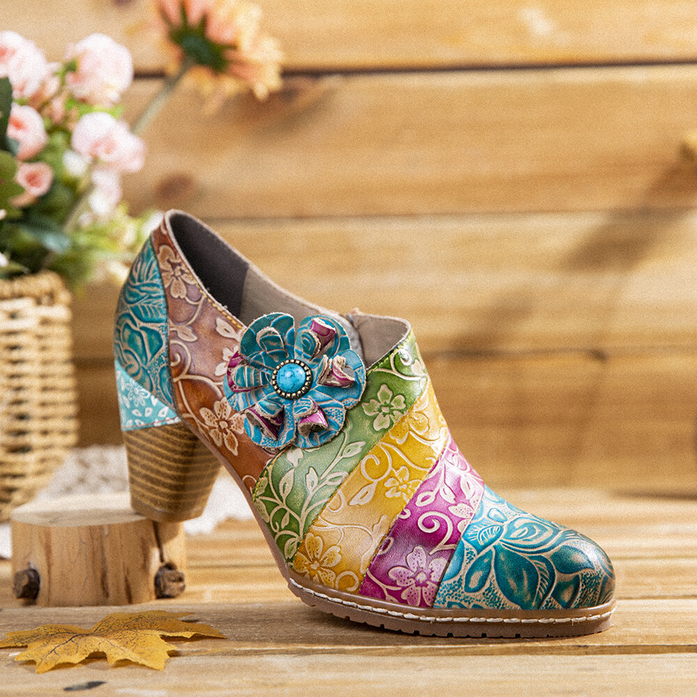 

SOCOFY Туфли-лодочки на массивном каблуке с кожаной застежкой-молнией и цветочным рисунком в стиле ретро Платье Обувь