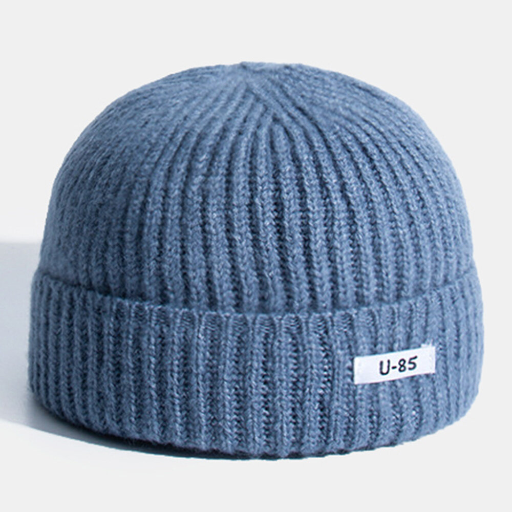 Unisex Acrylic Knitted Solid Color Cloth Label Dome All-match Brimless Beanie Landlord Cap Skull Cap