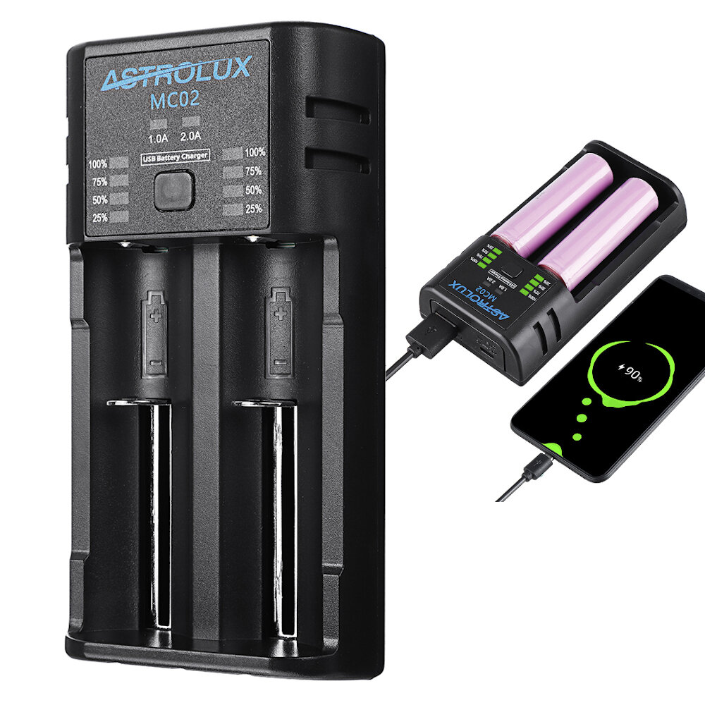 Astrolux® MC02 2 in1 USB شحن Mini البطارية شاحن محمول هاتف القوة البنك الحالي اختياري شاحن لـ 18650 21700 26650 Li-ion ا