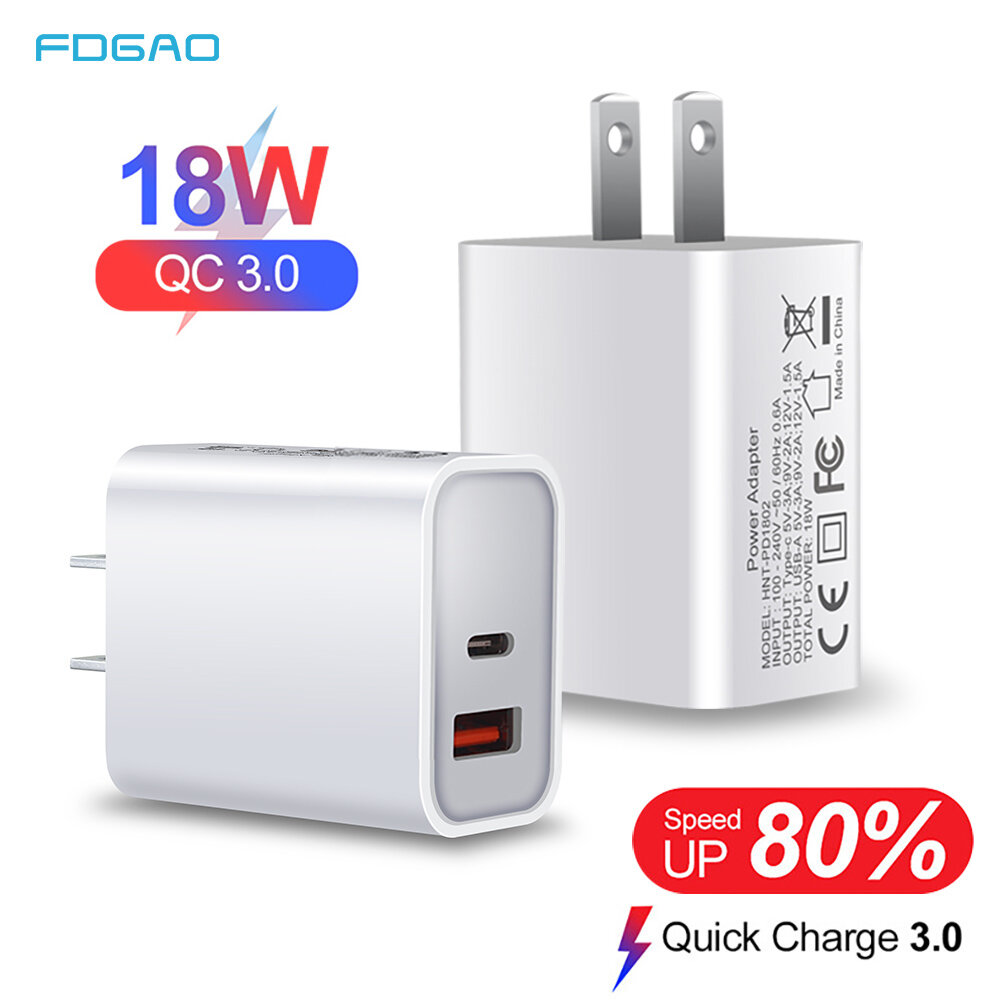 FDGAO 18W PD3.0 QC3.0 USB Charger Travel Charger Adapter Quick Charging EU Plug US Plug UK Plug for iPhone 12 Pro Max fo