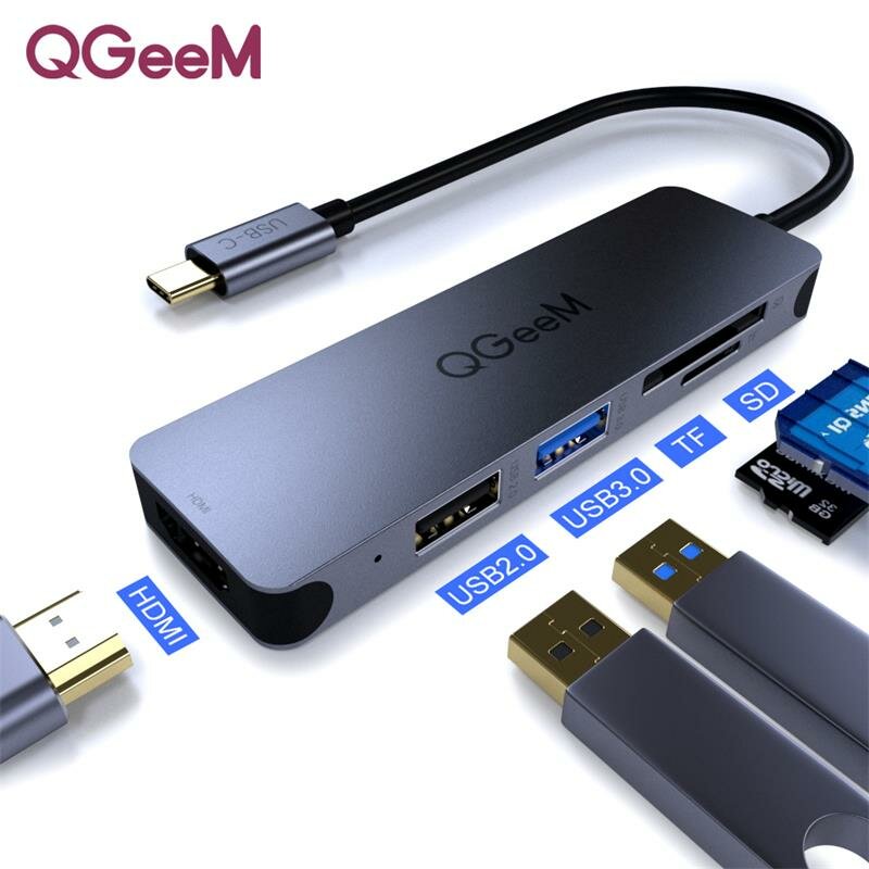

QGeeM 5 in 1 Type C to HDMI Adapter 4k Multiport Hub with 1*USB2.0/ 1*USB3.0/ 1*TF/ 1*SD for MacBook Pro 13/15 Surface G