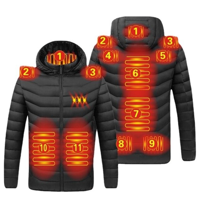 Wasbare winterjas met elektrische verwarming op 11 gebieden, waterdicht en oversized 4XL voor buitenjacht, kamperen en wandelen.