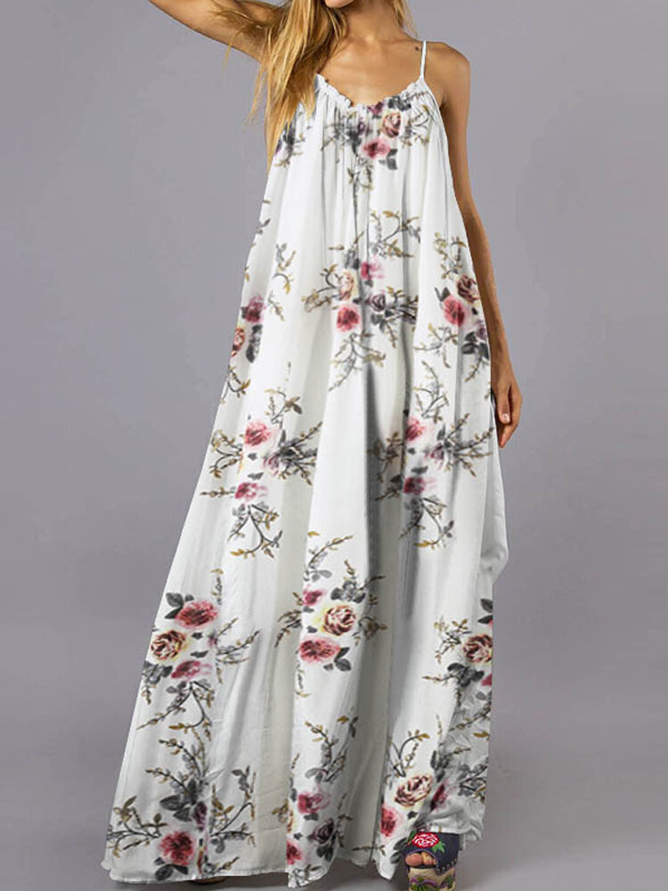Chiffon Sleeveless Straps Loose Holiday Floral Summer Maxi Dress