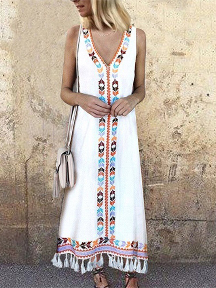 Women bohemian printed v-neck sleeveless tassels dress Sale - Banggood.com