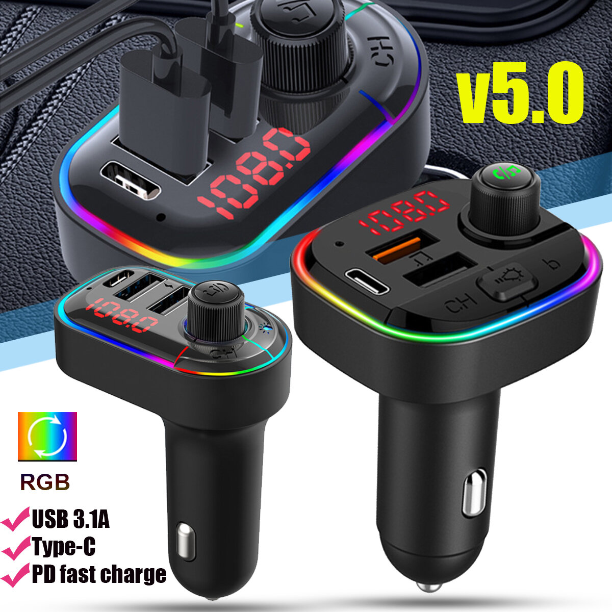 

QC3.0 PD Fast Charging Dual USB with Ambient light 7+1 colors bluetooth 5.0 12V-24V HD Sound Wireless Car FM Transmitter