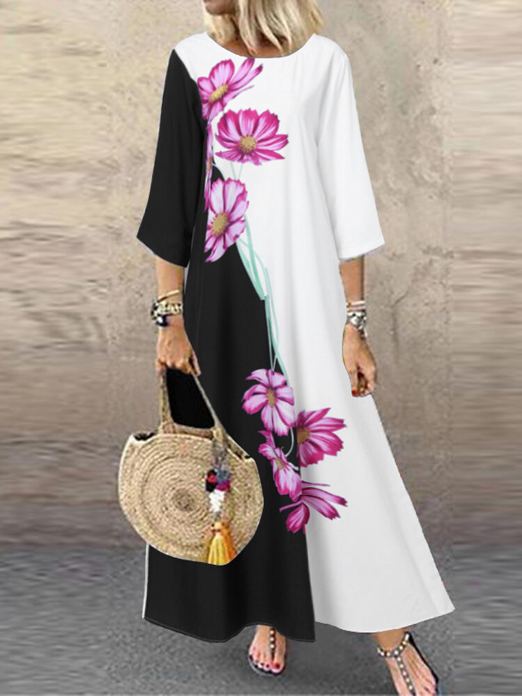 

Женщины контрастного цвета с цветочным принтом и круглым вырезом повседневное макси с рукавами 3/4 Платье