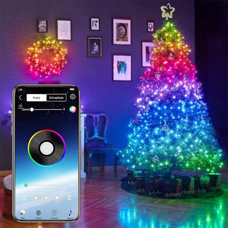 USB Fairy Lights LED String Lights Music Sync Bluetooth APP Phone Indoor Outdoor Twinkle Lights 32.8FT Hanging Curtain String Lights Color Changing Starry Lights