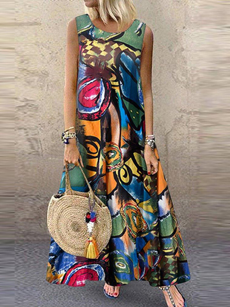Women Retro O-neck Floral Print Sleeveless Maxi Dress