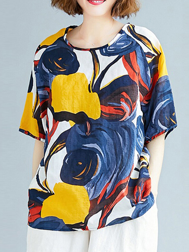 Abstract Print Round Neck Loose Casual Half Sleeve Vintage Blouses For Women