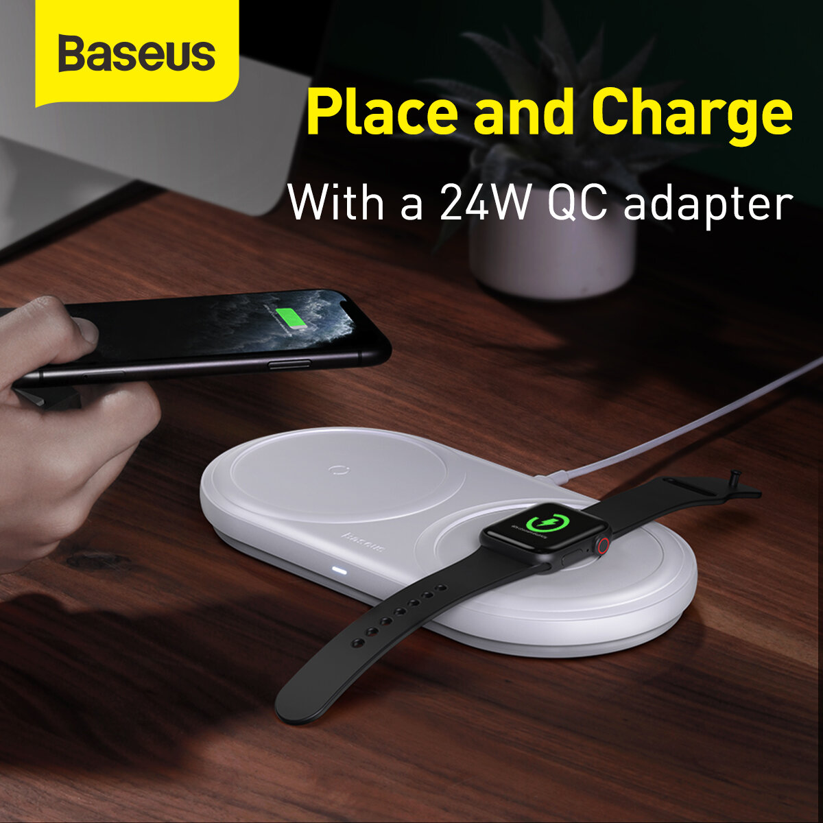 Baseus 2 In 1 10Wワイヤレス充電器電話充電器時計充電器高速充電ワイヤレスパッドドック+ 24W EUプラグUSB壁充電器+ 1m 3A USB Type-Cケーブル