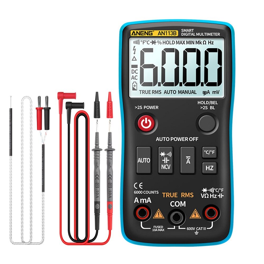 

ANENG AN113B Digital Multimeter True RMS with Temperature Tester 6000 Counts Auto-Ranging AC/DC Transistor Voltage Meter