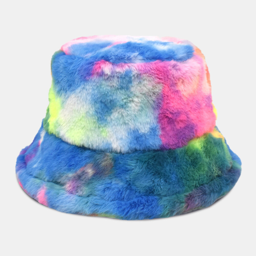 Unisex Faux Rabbit Fur Colorful Gradient Tie-dye Bucket Hat Winter Thicken Warmth Windproof Fashion 