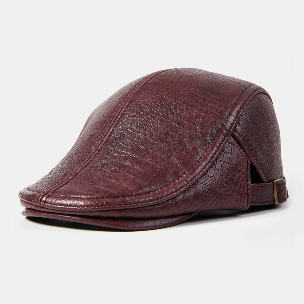 Men Genuine Leather Alligator Pattern Retro Casual Solid Keep Warm Winter Forward Hat Beret Hat