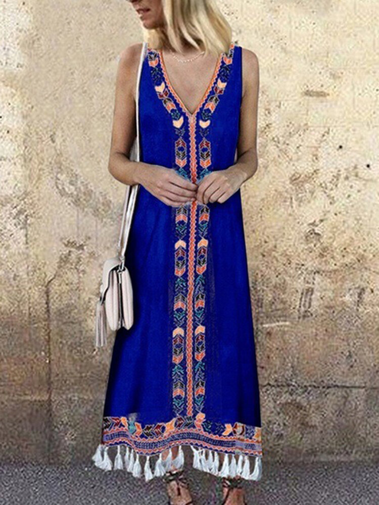 Women bohemian printed v-neck sleeveless tassels dress Sale - Banggood.com