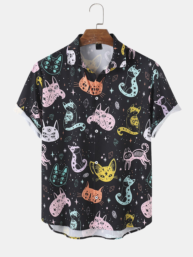 Mens Colorful Cartoon Cat Print Lapel Short Sleeve Shirt