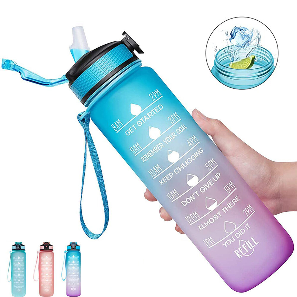 Bottiglia d'acqua per fitness TRITAN da 34 oz / 1L senza BPA con indicatore di tempo, gradiente colorato, a tenuta stagna e apertura con un solo clic per bambini