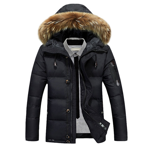 Men’s Plush Lined Warm Detachable Faux Fur Collar Hooded Overcoats