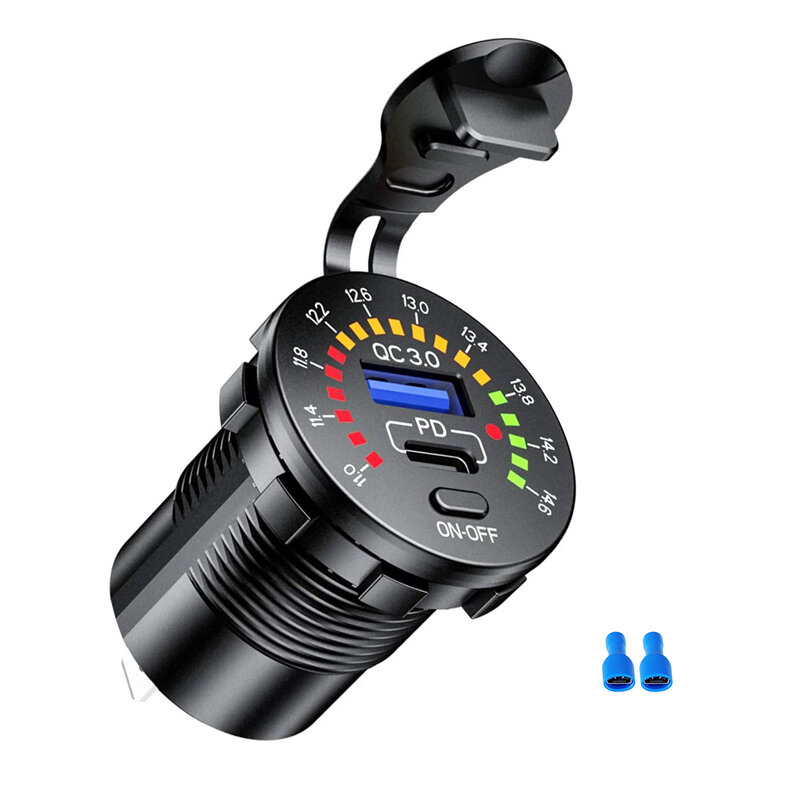 

12-24V Dual USB Car Charger Socket PD+QC3.0 With Colorful Voltmeter ON/OFF Switch for Bus Trailer Boats