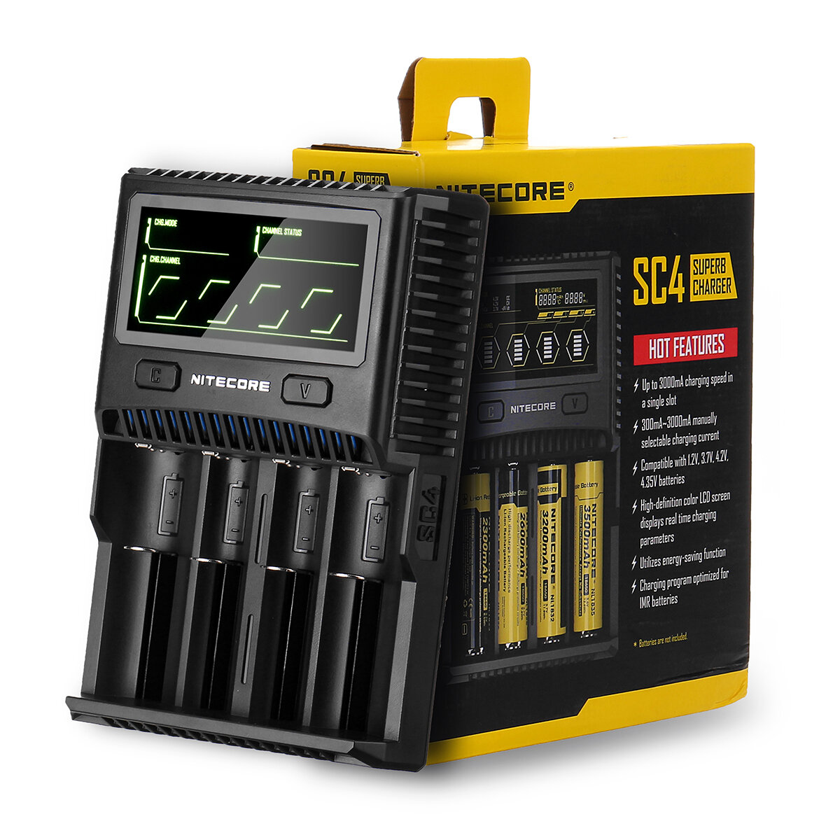 Caricabatterie intelligente Nitecore SC4 3A di carica rapida con display LCD per batterie Li-ion IMR LiFePO4 per torce,