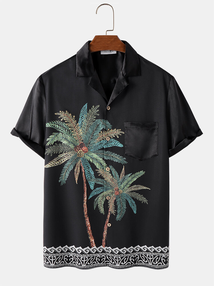 

Mens Coconut Tree Print Revere Collar Vacation Short Sleeve Shirts