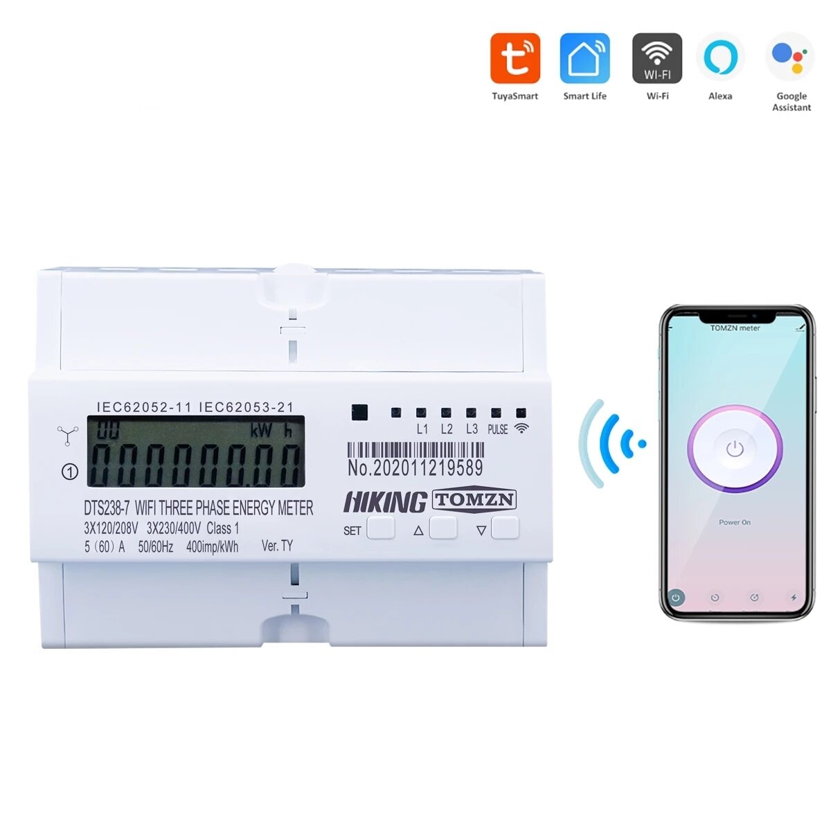 60A 80A Tuya 3 Phase Din Rail WIFI Smart Energy Meter Timer Power Consumption Monitor kWh Meter Works with Alexa Google