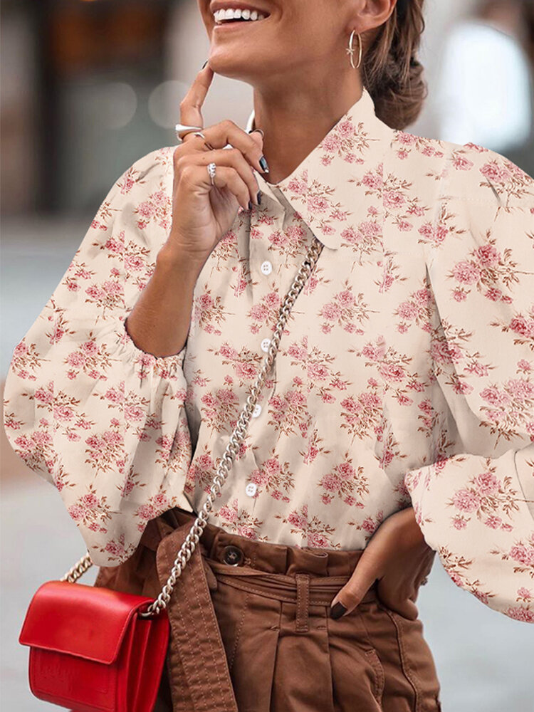 

Women Vintage Floral Print Lantern Sleeve Button Up Lapel Casual Blouse