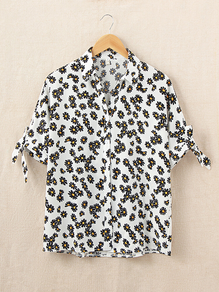 Daisy Print Turn-down Collar Long Adjustable Sleeve Daily Casual Shirts For Women
